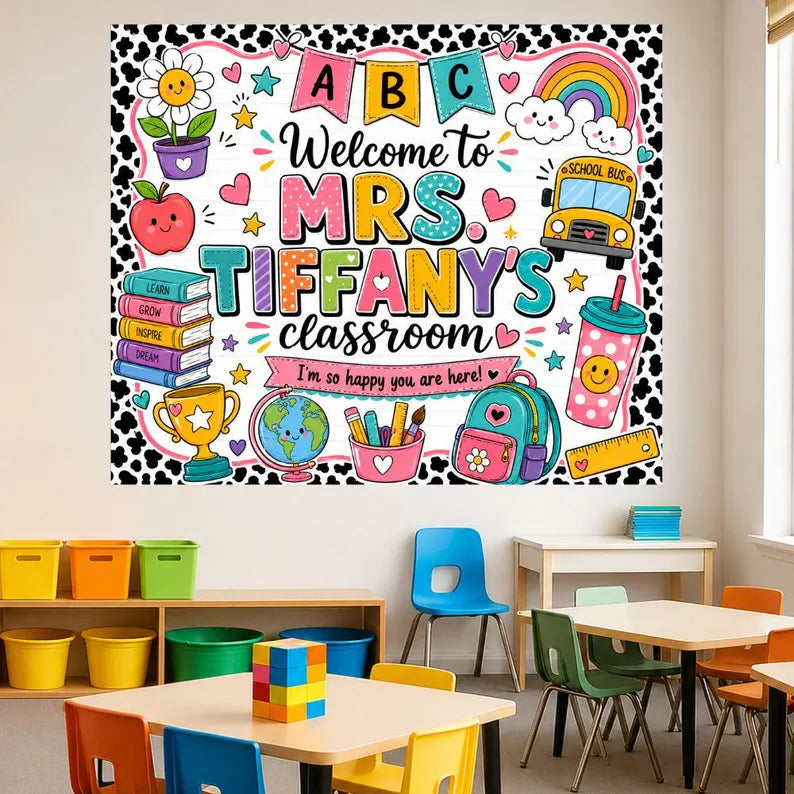 Personalized Teacher Welcome Tapestry, Teacher Banner Sign Back to School, Classroom Banner Decor, Custom Teacher Gift, First Day Of School. CBPETAL02