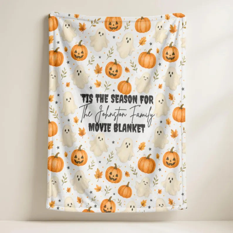 Custom Halloween Family Movie Night Blanket, Personalized Cozy Fall Couch Throw, Homewarming Gift, Ghost Pumpkin Blanket. BLKPETAL4