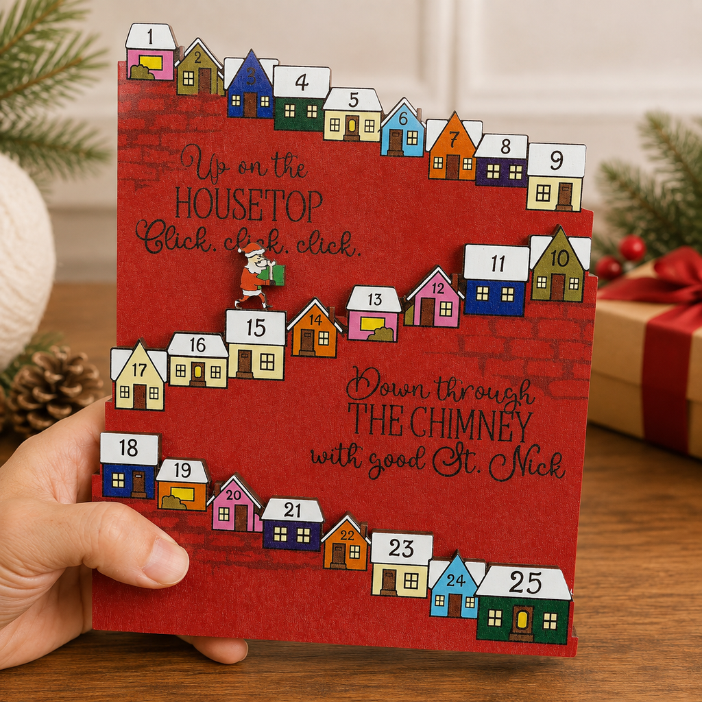 Wooden Christmas Rooftop Advent Calendar, 25-Day Santa Holiday Countdown with Colorful Houses – ACPETAL06
