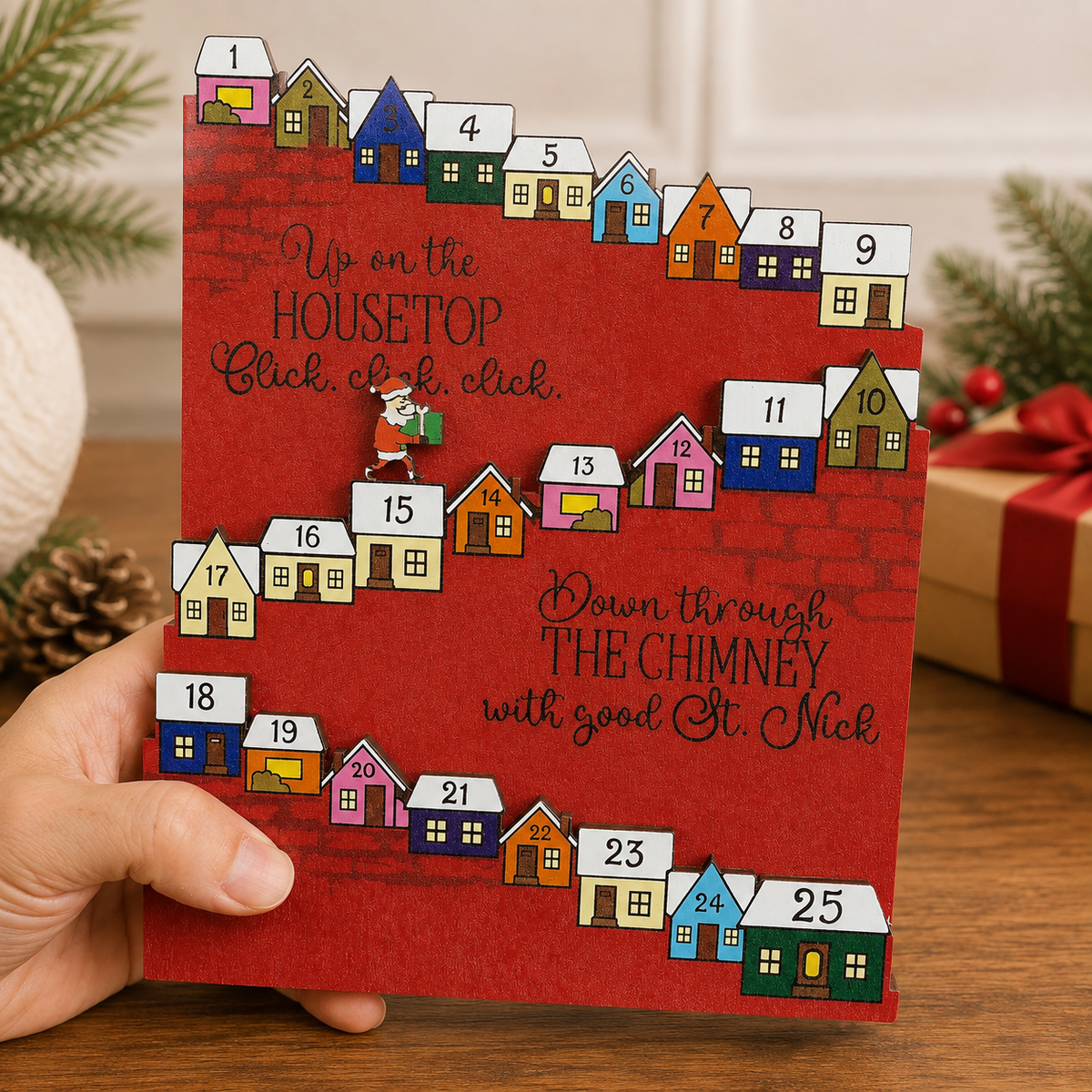 Wooden Christmas Rooftop Advent Calendar, 25-Day Santa Holiday Countdown with Colorful Houses – ACPETAL06