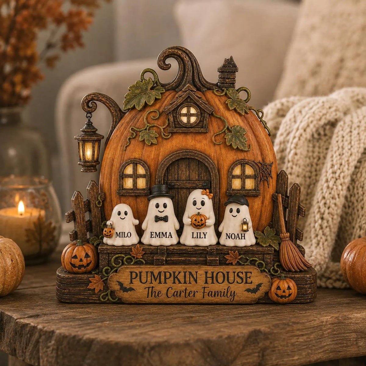 Custom Haunted Home Wooden Block, Family Ghost Halloween Decor, Spooky Family Name Sign, Halloween Tabletop Gift. WBPETAL16