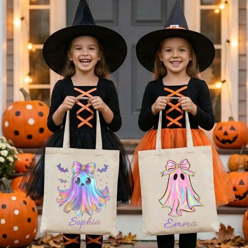 Personalized Halloween Ghost Tote Bag, Custom Name Trick or Treat Bag, Cute Pastel Ghost Candy Bag, Halloween Gift for Kids, Spooky Season Tote Bag. HLWTBPETAL1