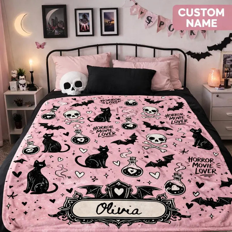 Personalized Spooky Blanket, Horror Lover Gift, Custom Name Goth Throw, Pink Horror Decor Halloween Blanket. BLKPETAL10