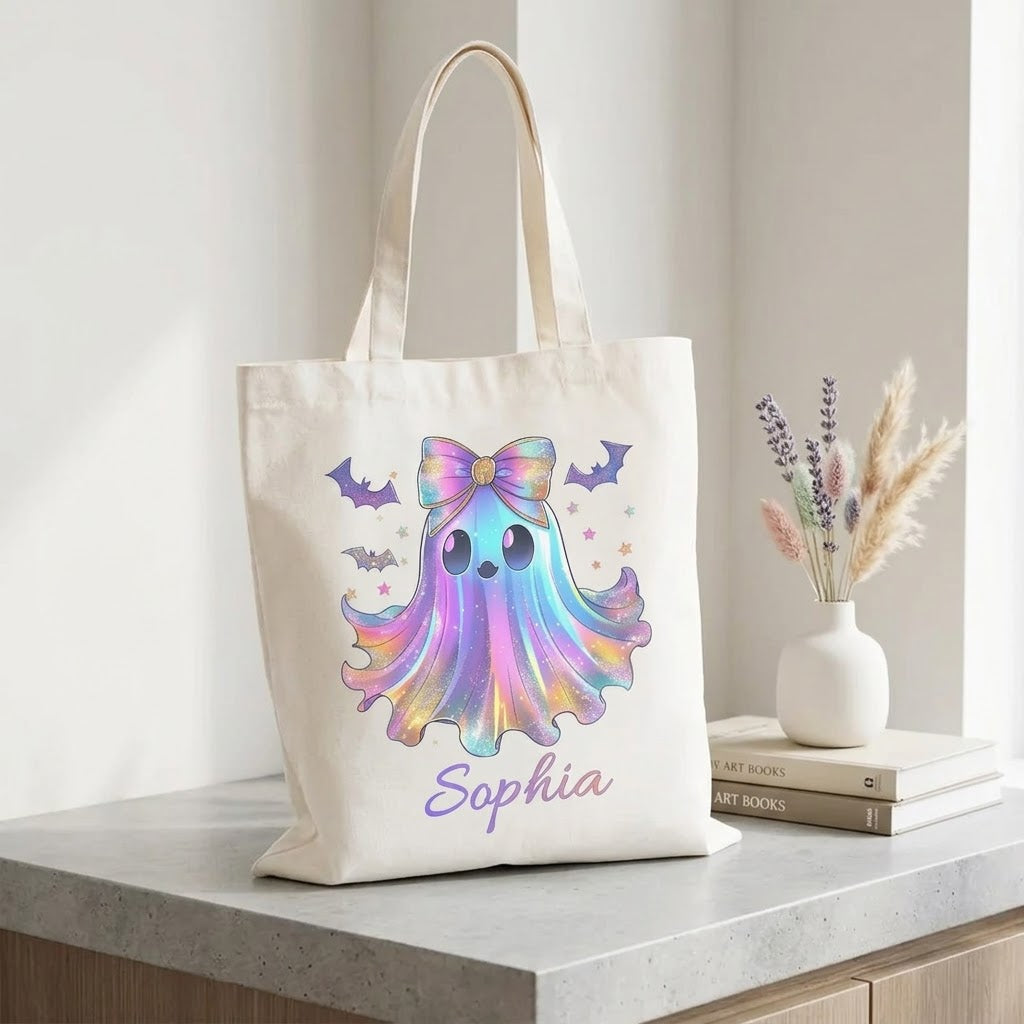 Personalized Halloween Ghost Tote Bag, Custom Name Trick or Treat Bag, Cute Pastel Ghost Candy Bag, Halloween Gift for Kids, Spooky Season Tote Bag. HLWTBPETAL1