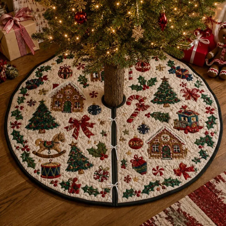 Quilted Christmas Tree Skirt, Gingerbread Christmas Tree Skirt, Vintage Holiday Tree Decor, Candy Cane Xmas Tree Skirt, Christmas Home Decor. CTSPETAL03