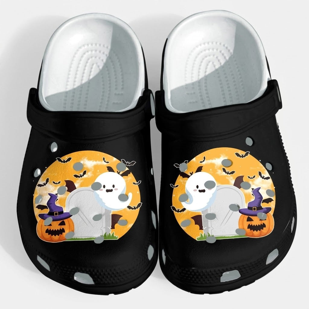 Halloween Ghost Pumpkin Clogs – Black Spooky Slip-On Shoes with Cute Ghost, Bat & Jack-O’-Lantern Design for Fall Halloween Gifts. CLPETAL17