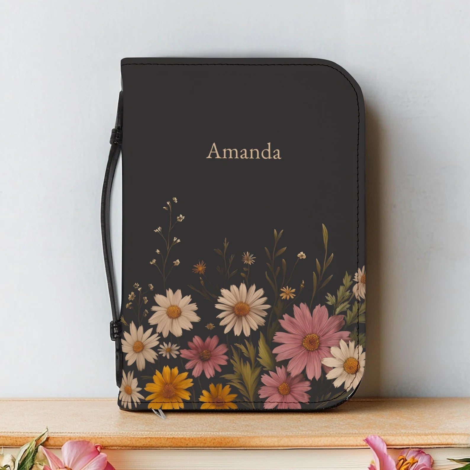 Personalized Floral Bible Cover with Handle, Daisy Zippered Bible Case Custom Name Christian Gift for Women Girls Flower Bible Bag for Mom. BCPETAL2