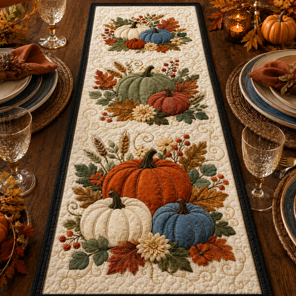 Quilted Pumpkin Table Runner, Fall Harvest Autumn Decor, Blue Orange Thanksgiving Runner. QTRPETAL7