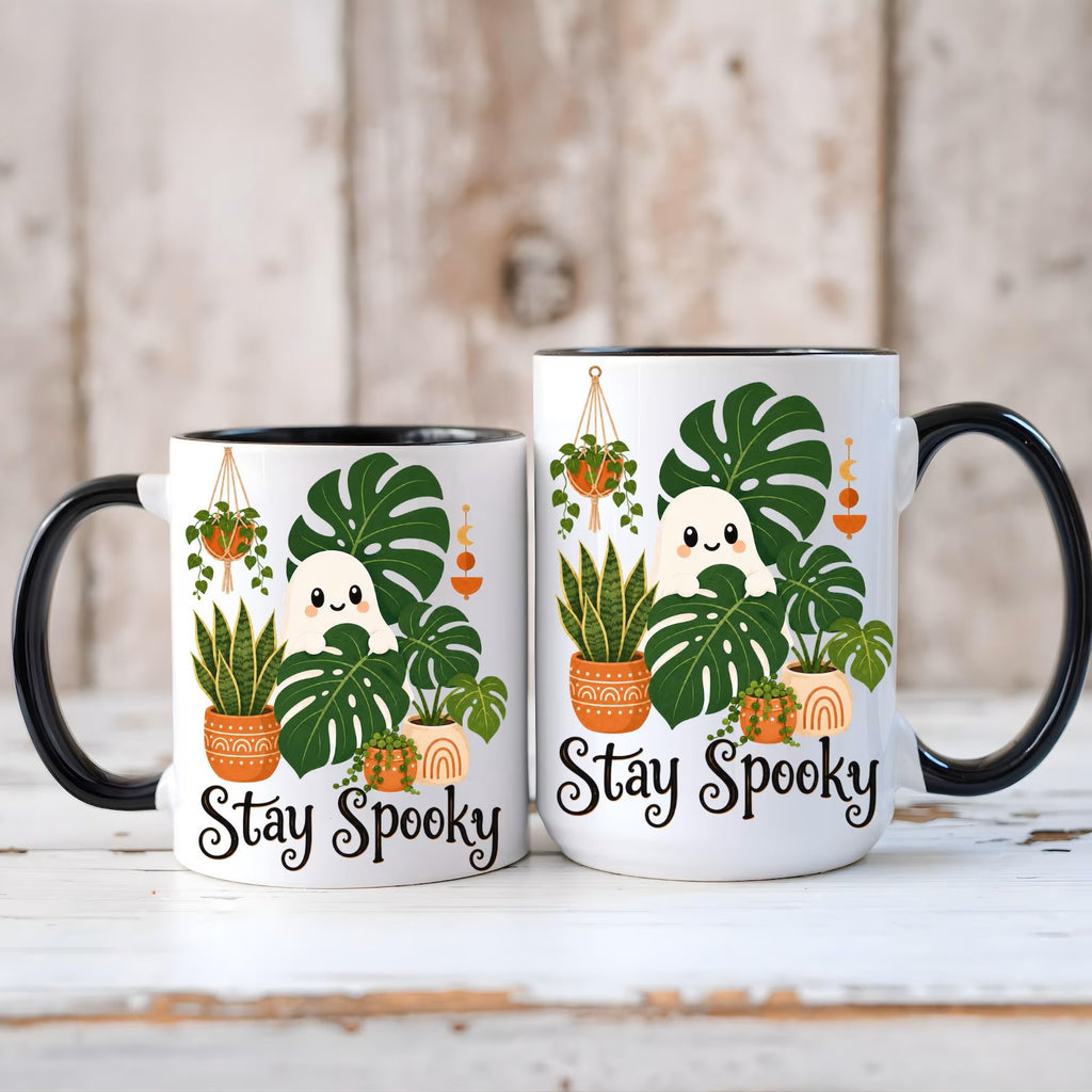Stay Spooky Plant Ghost Mug – Cute Halloween Coffee Mug, Spooky Season Ceramic Cup, Plant Lover Halloween Gift, Ghost Mug with Black Handle. MPETAL7