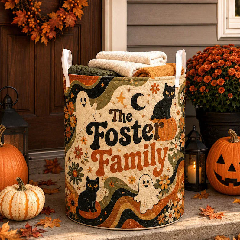 Personalized Halloween Quilt Laundry Basket, Custom Family Name Fall Storage Bin, Quilted Laundry Hamper Pumpkin Ghost Cat Home Decor Basket. LBPETAL143