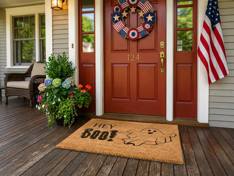 Personalized Halloween Doormat, Custom Pumpkin Face Doormat, Hey Boo Door Mat, Spooky Welcome Mat, Halloween Decor, Custom Name Rug. DMPETAL11