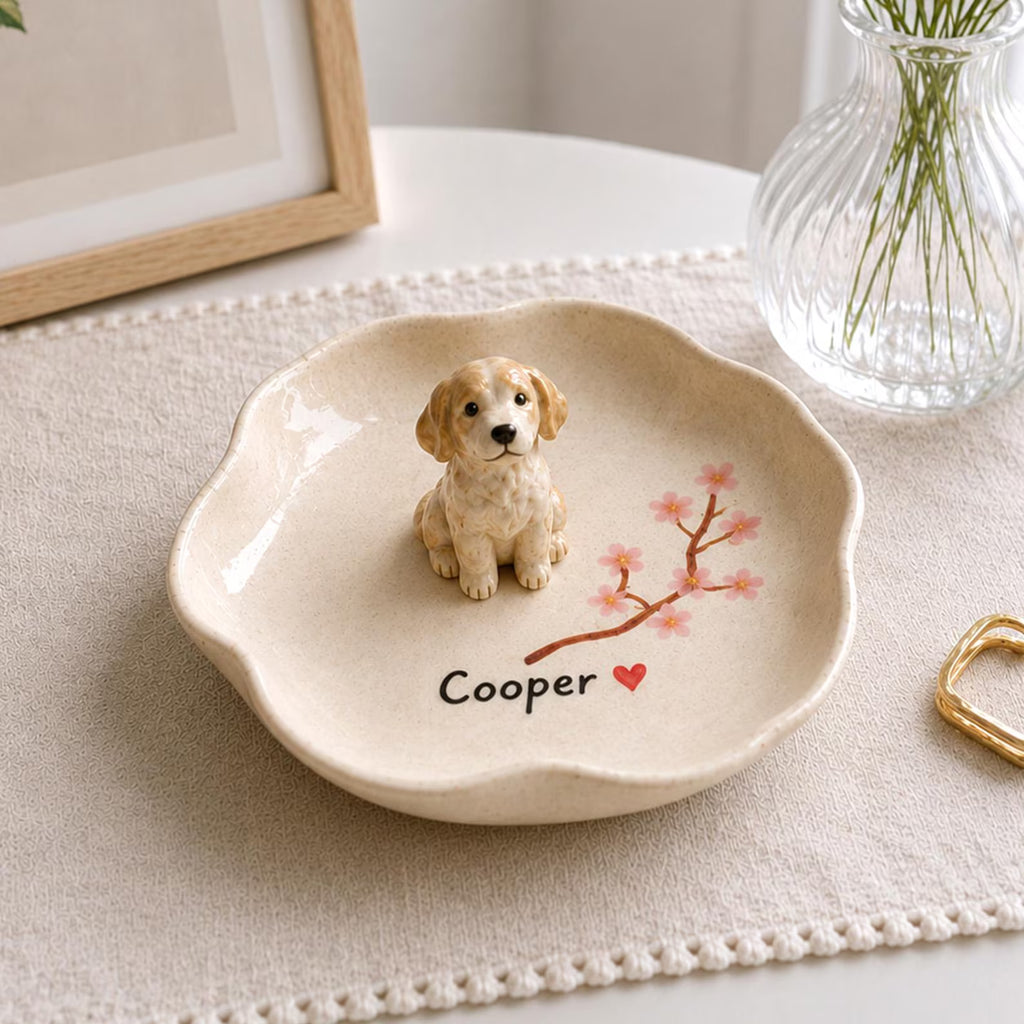 Personalized Dog Ring Dish, Ceramic Pet Jewelry Tray, Cherry Blossom Keepsake. CPPETAL14