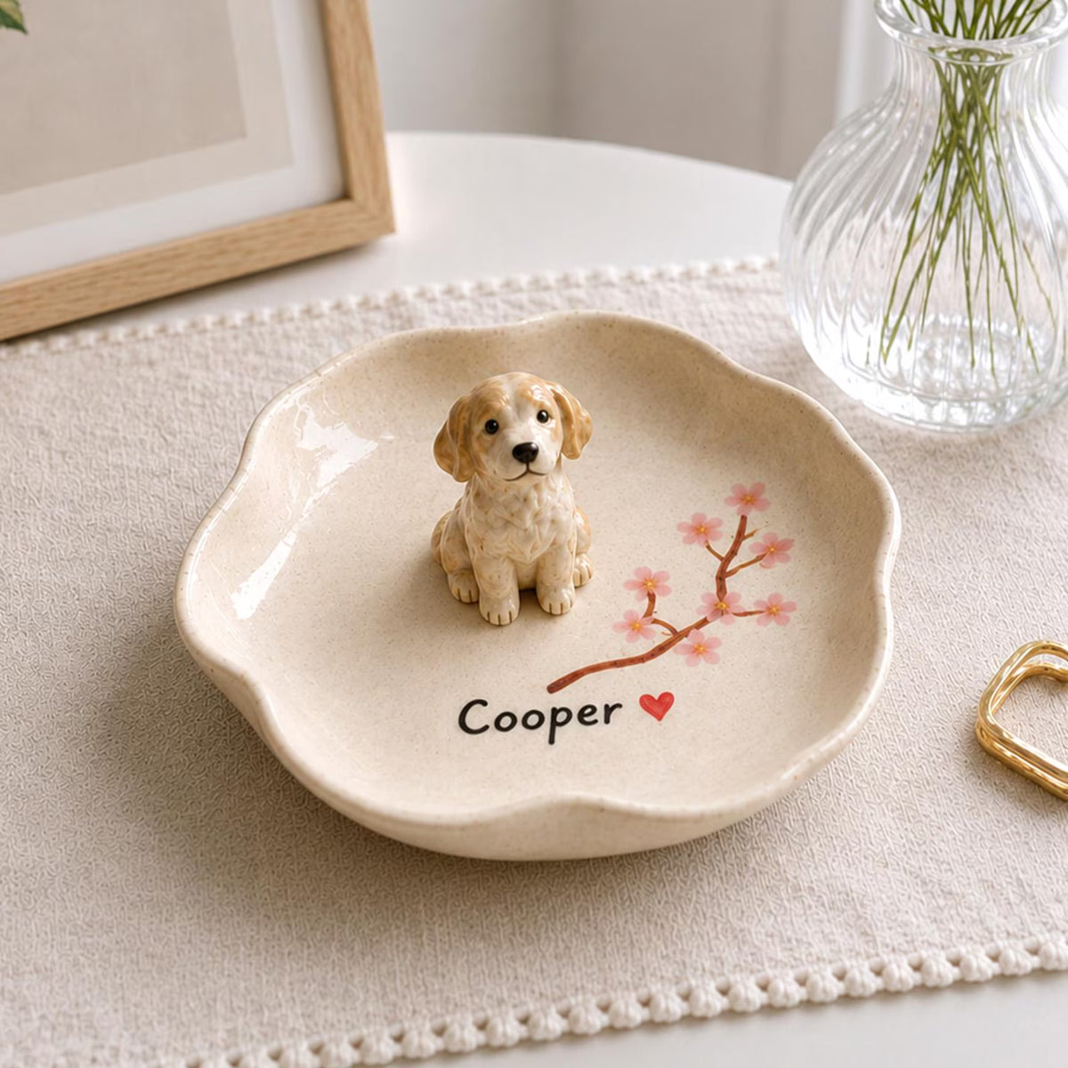 Personalized Dog Ring Dish, Ceramic Pet Jewelry Tray, Cherry Blossom Keepsake. CPPETAL14