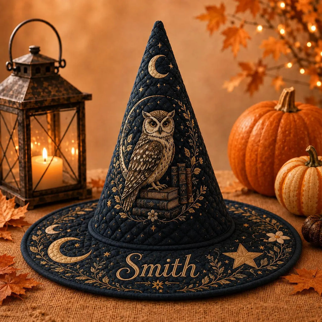 Retro Quilted Witch Hat, Vintage Halloween Owl Moon Hat, Navy Witch Costume Accessory, Spooky Season Party Gift. QWHPETAL18