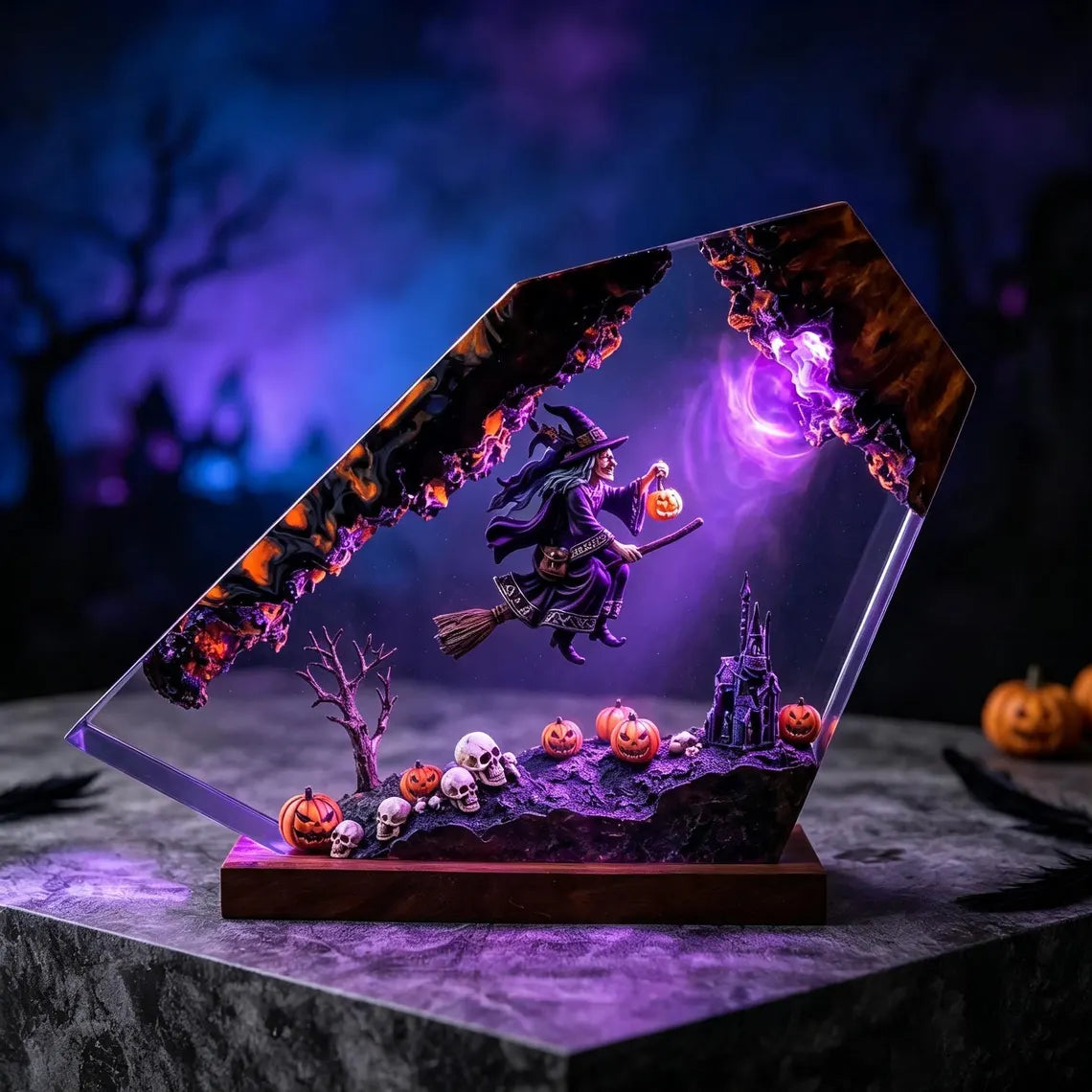 Halloween Witch Resin Night Light, Handmade Flying Witch Pumpkin Skull Haunted Castle Table Lamp, Spooky Home Decor, Unique Halloween Gift. RLPETAL02