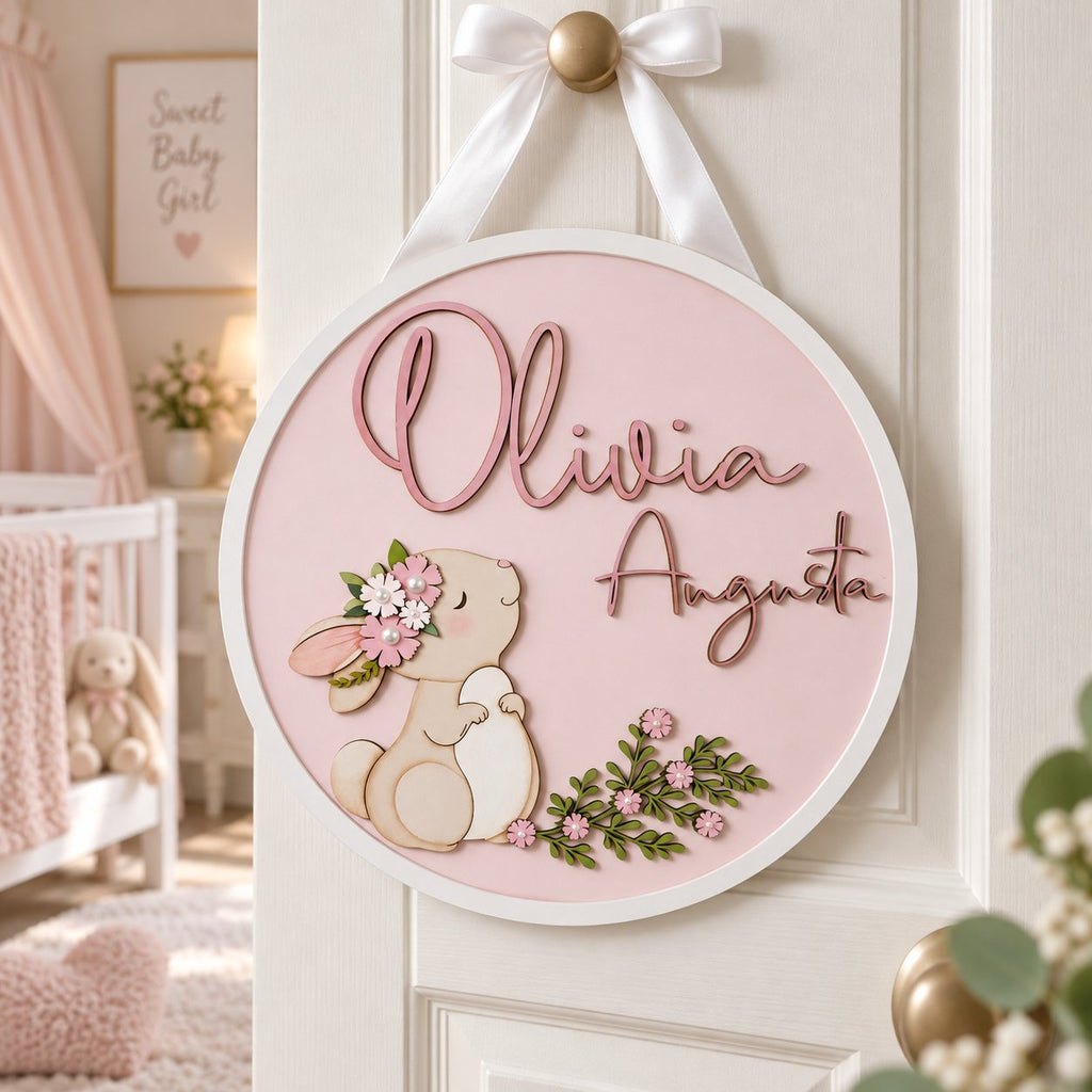 Personalized Baby Name Wooden Sign, Custom Bunny Nursery Door Sign, Floral Kids Room Decor, Baby Girl Name Plaque, Baby Shower Gift WOODKID01