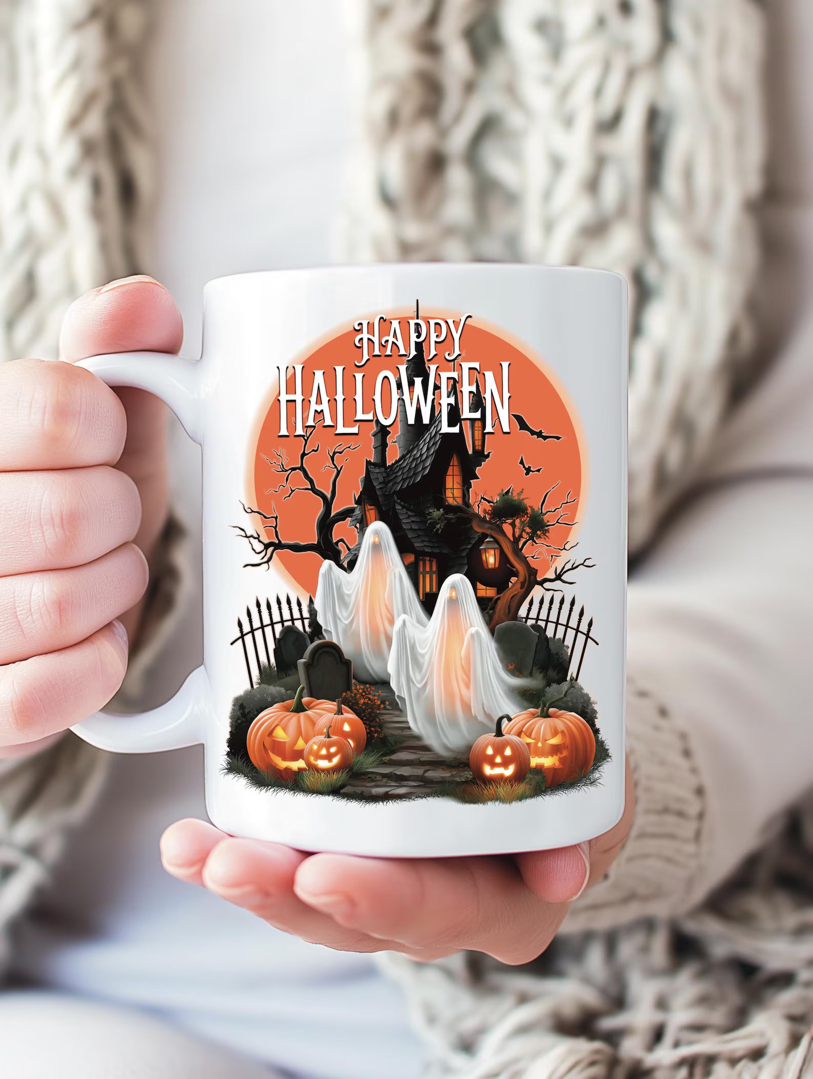 Happy Halloween Mug Spooky Ghosts Coffee Cup Gothic Haunted House Ceramic Mug Glowing Full Moon Autumn Fall Gift Holiday Keepsake Cup. MPETAL13