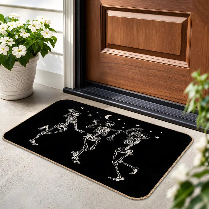 Dancing Skeletons Doormat Halloween Gothic Door Mat Black Spooky Home Decor Skull Welcome Rug. DMPETAL16