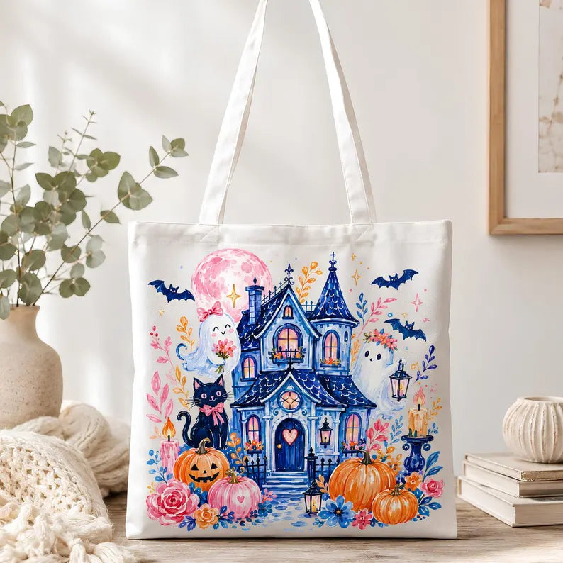Halloween Tote Bag, Cute Haunted House Canvas Shopper, Ghost Cat Pumpkin Market Bag, Spooky Floral Gift For Her Mom Friend, Fall Decor. HLWTBPETAL11