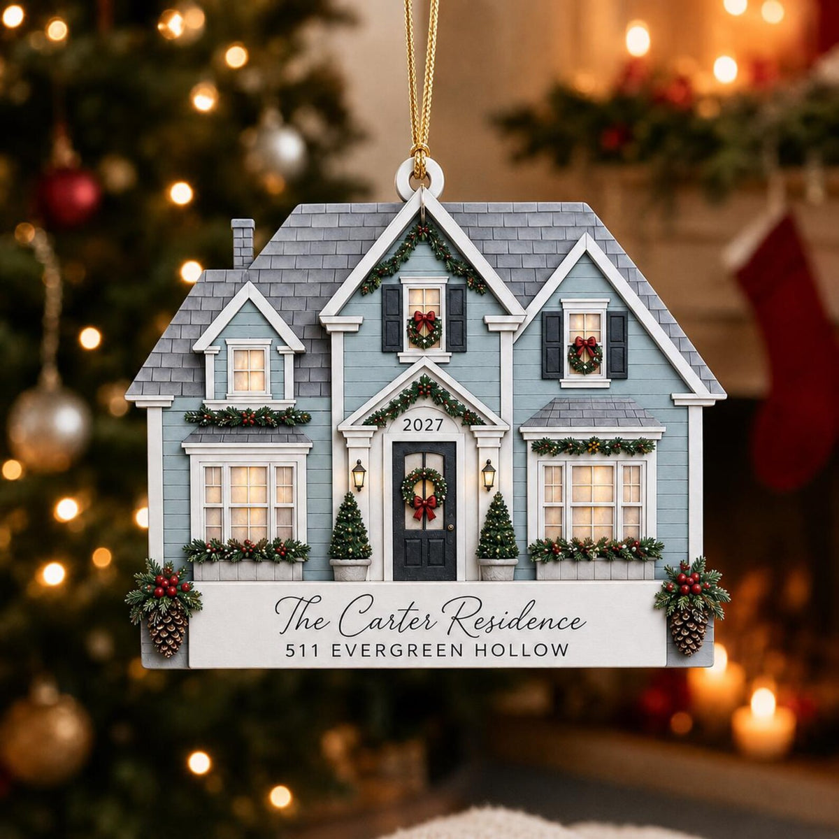 Personalized 2D Flat House Christmas Ornament, Custom New Home Wooden Ornament, Family Address Gift, Housewarming Keepsake COPETAL03