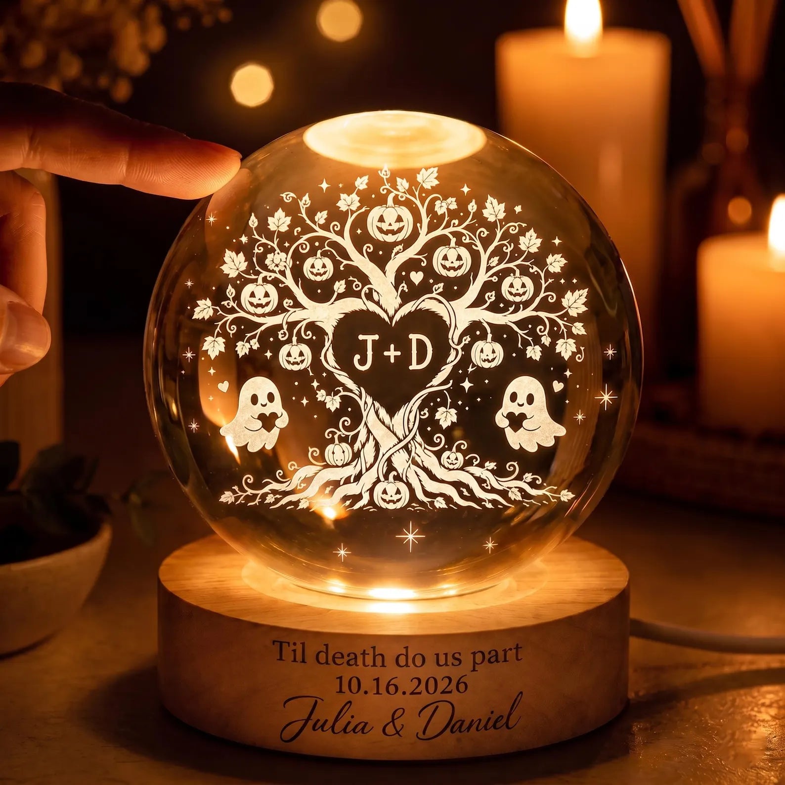 Custom Couple Tree of Love Crystal Ball Night Light, Spooky Couple LED Night Light, Halloween Wedding Gift for Couple, Halloween Home Decor. LEDPETAL12