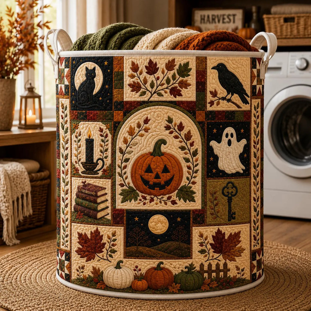 Halloween Storage Bin, Quilted Laundry Basket, Black Cat Pumpkin Hamper, Fall Decor Basket, Spooky Quilt Organizer. HLWLBPETAL5