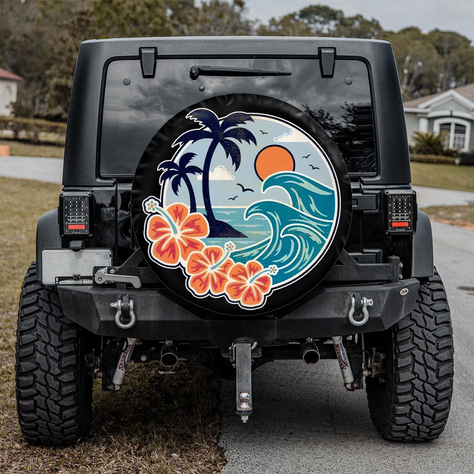 Retro Sunset Beach Vibes Spare Tire Cover, Vintage Summer Ocean Wheel Protector, Tropical Island Car Accessories, Aesthetic Outdoor Decor. TCPETAL4