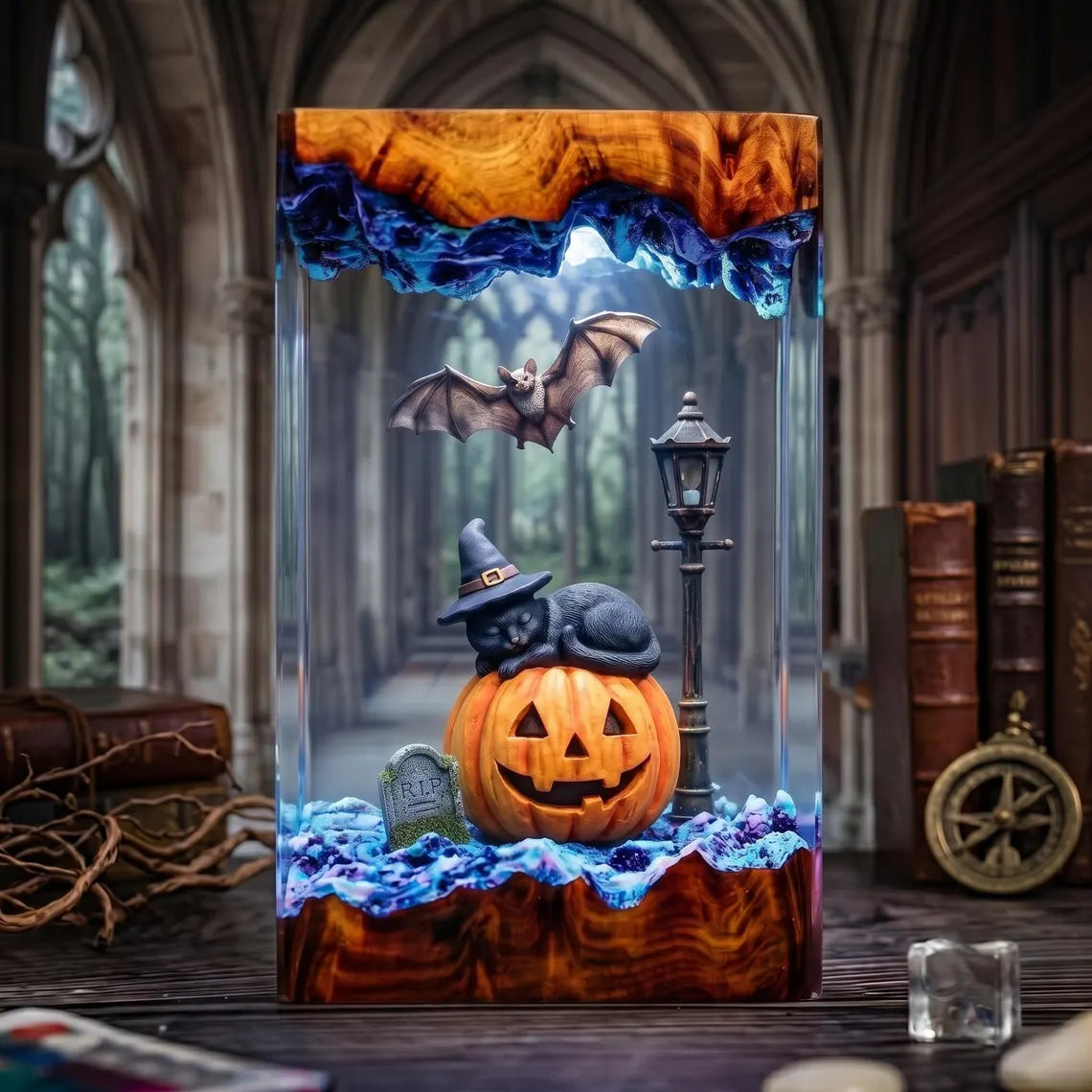 Spooky Black Cat Resin Lamp, Pumpkin Patch Night Light, Halloween Cemetery Decor, Handmade Epoxy Lamp, Fall Animal Fan Gift. RLPETAL05