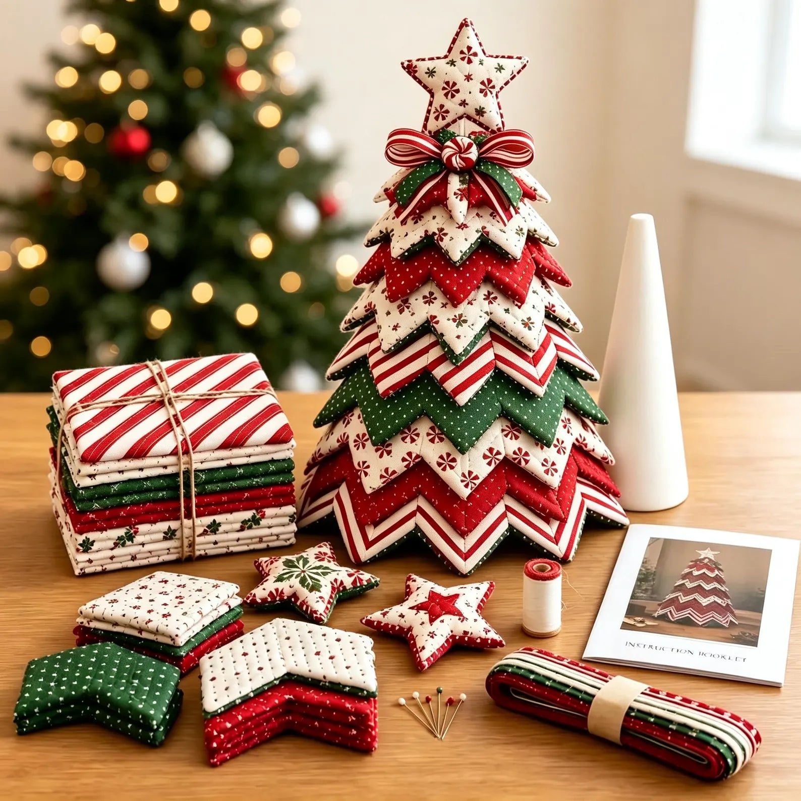 Christmas Quilted Fabric Tree Tabletop Decoration, Handmade Red Green Candy Cane & Star Holiday Home Decor QCTPETAL10