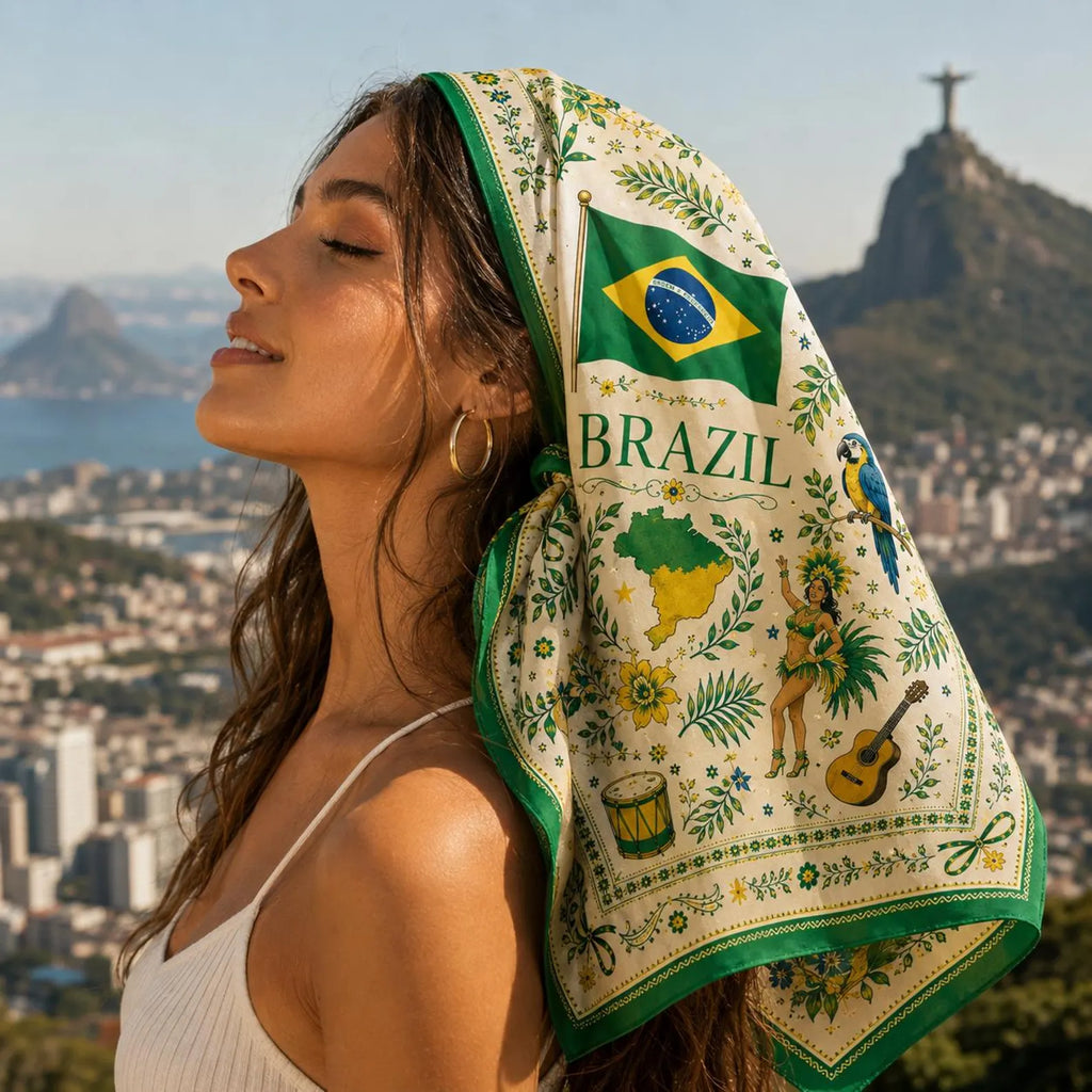 Brazil Satin Head Scarf, Football Fan Hair Scarf for Game Day, Brazil Flag Silk Bandana, Tropical Women Scarf Gift. SSPETAL16