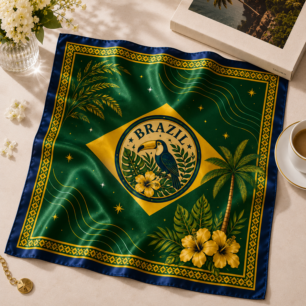 Brazil Satin Scarf, Brazil Flag Gift 2026, Hummingbird Hair Scarf, Brasil Bandana Headscarf, Aztec Culture Viva Brazil Wear. SSPETAL14