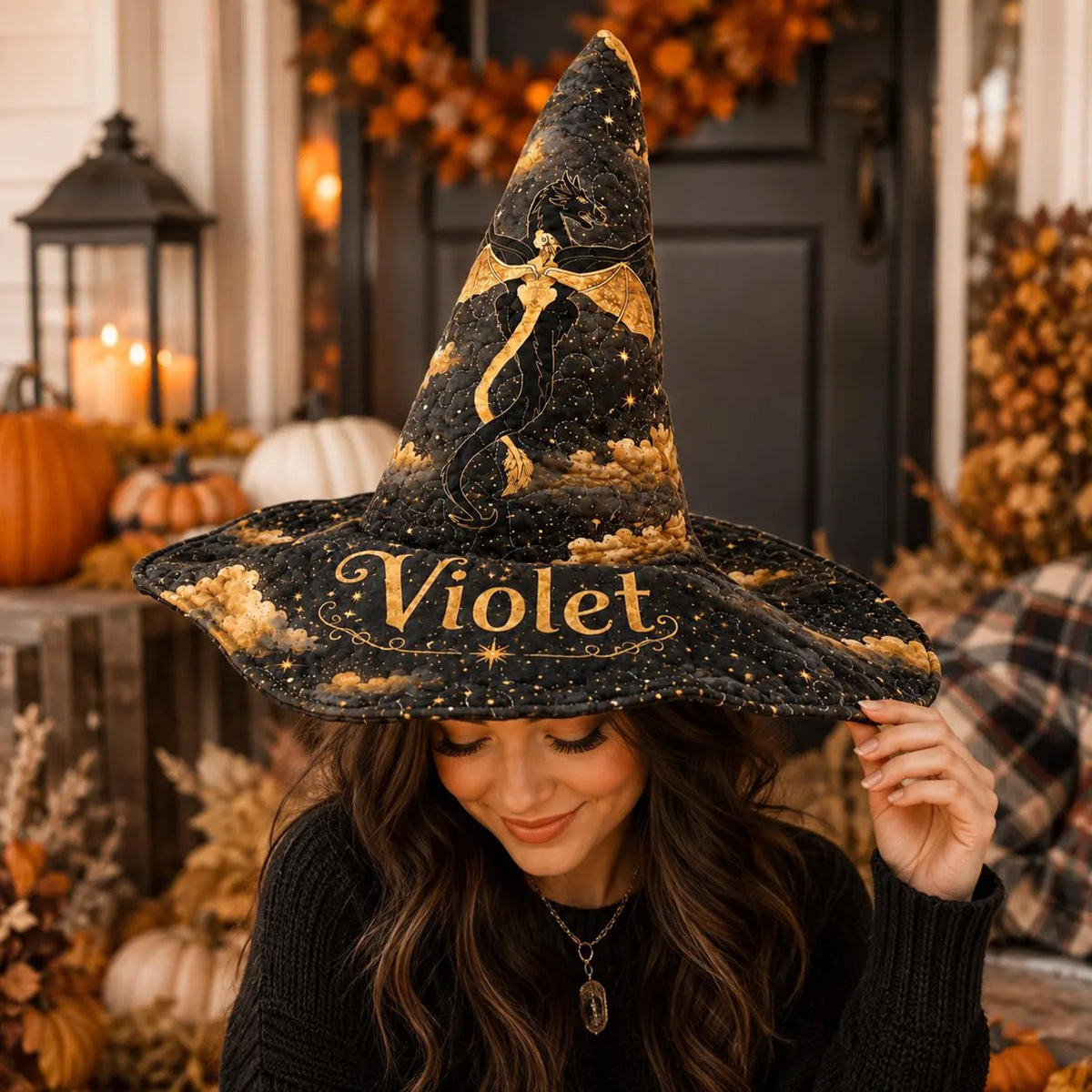 Personalized Witch Hat, Custom Name Halloween Hat, Quilted Wide Brim Witch Costume, Black Gothic Wizard Hat, Adult Halloween Accessory. QWHPETAL24