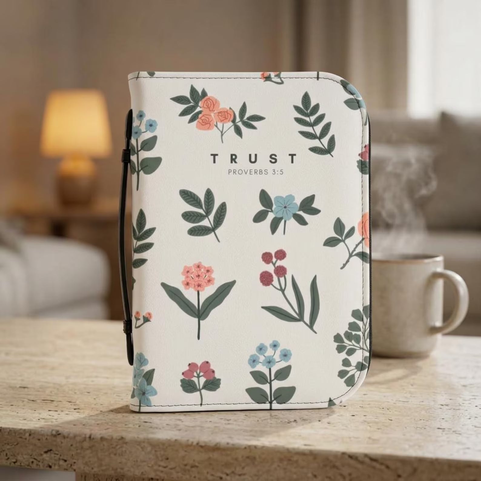 Floral Trust Bible Cover Case, Proverbs 3:5 Christian Gift, Personalized Bible Bag with Zipper. BCPETAL9