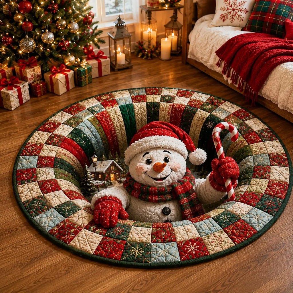Christmas Snowman Round Rug, 3D Illusion Quilted Floor Mat, Candy Cane Holiday Rug, Cozy Winter Christmas Home Decor. QRPETAL26