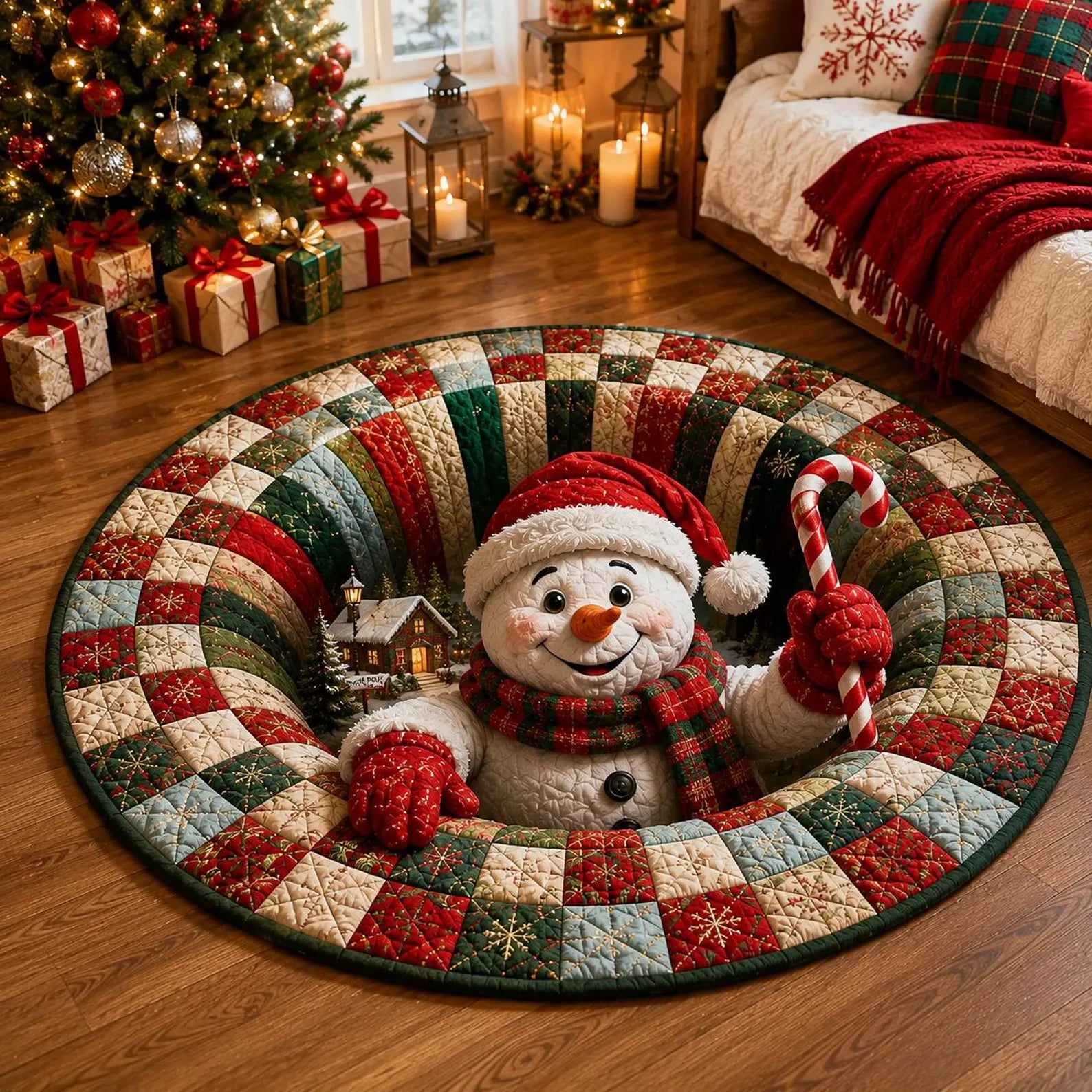 Christmas Snowman Round Rug, 3D Illusion Quilted Floor Mat, Candy Cane Holiday Rug, Cozy Winter Christmas Home Decor. QRPETAL26