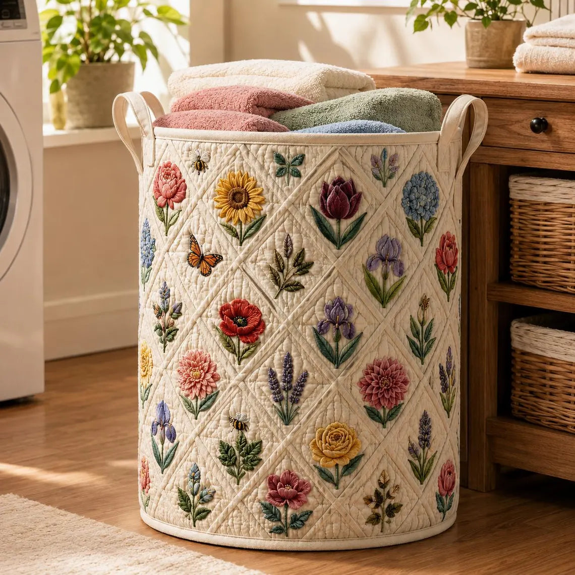 Quilted Floral Laundry Basket, Wildflower Botanical Cottagecore Storage Bin	LBPETAL165