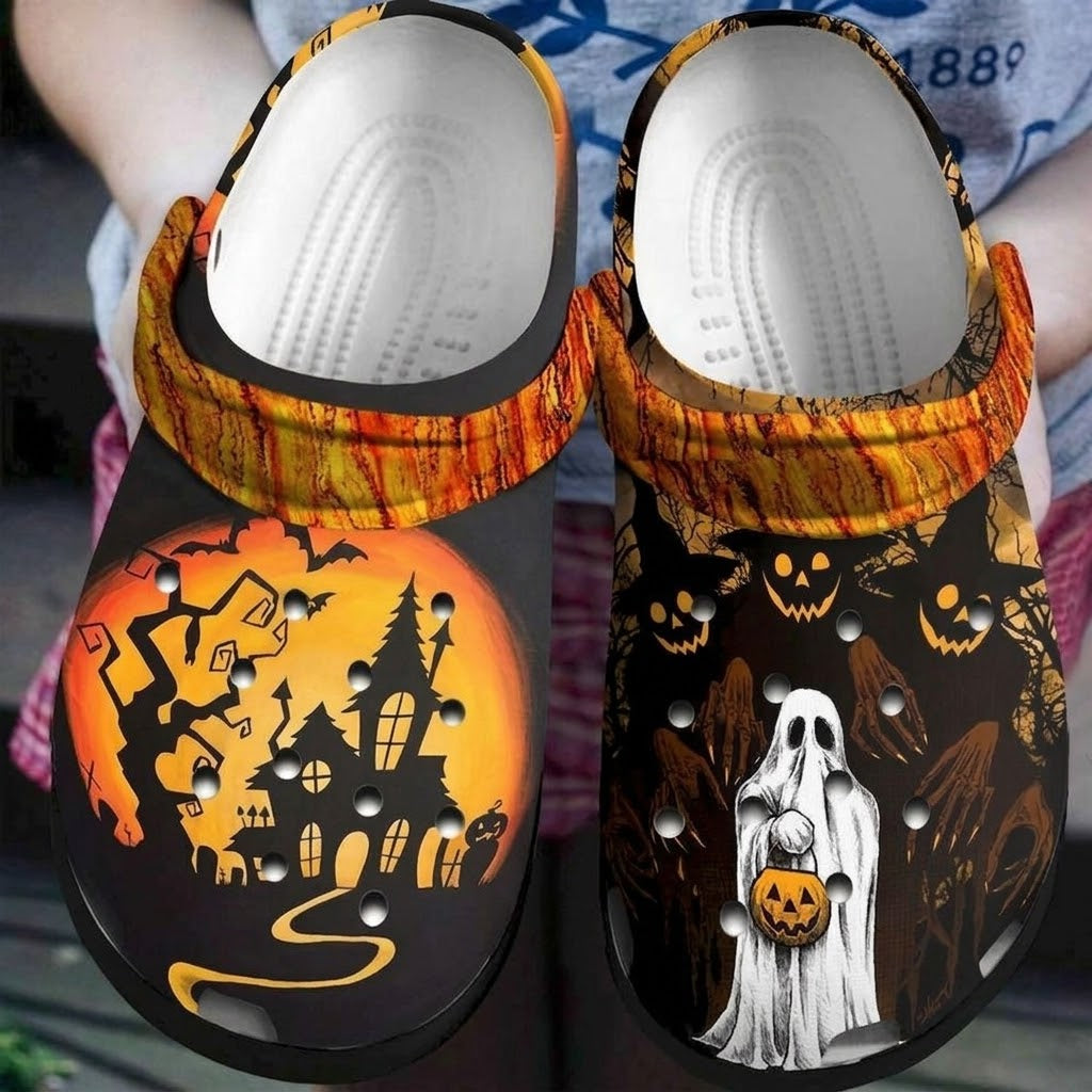 Halloween Haunted House Ghost Clogs – Spooky Black Orange Fall Shoes. Happy Halloween Ghost Pumpkin. CLPETAL02