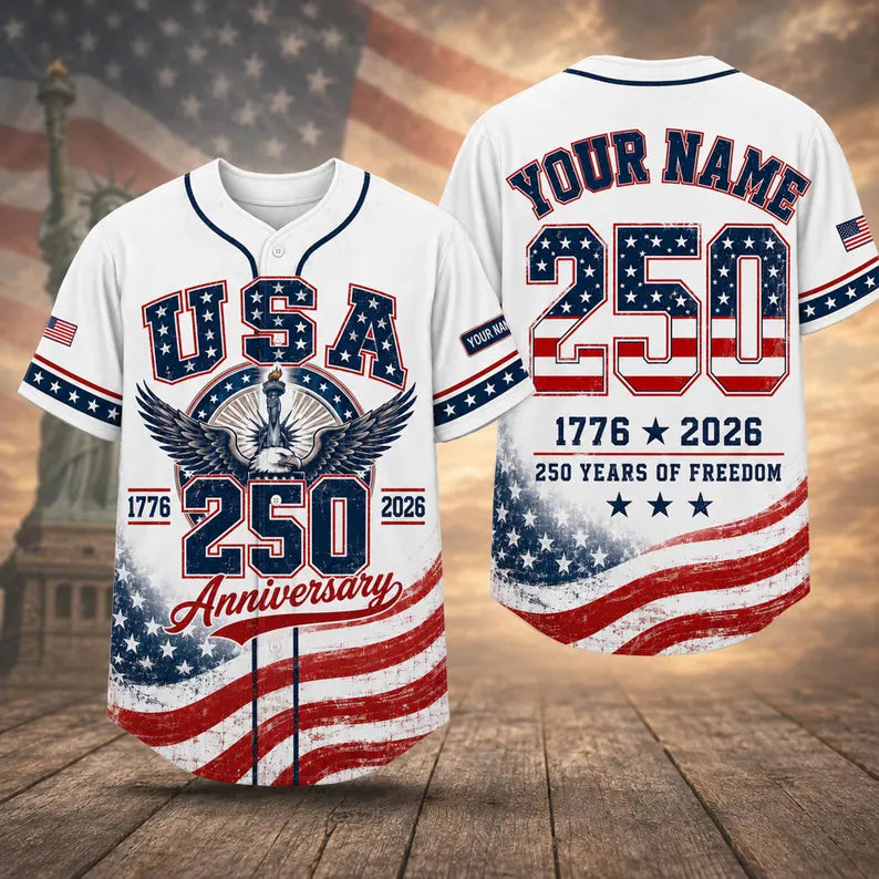 Custom USA 250 Anniversary Baseball Jersey, Personalized Patriotic Shirt, 4th of July Gift 1776.BJPETAL06