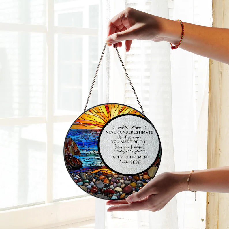 Personalized Stained Glass Retirement Suncatcher, Custom Retired Christmas Gift For Boss Coworker Colleague Retirement Keepsake Gift For Her. SUNPETAL08