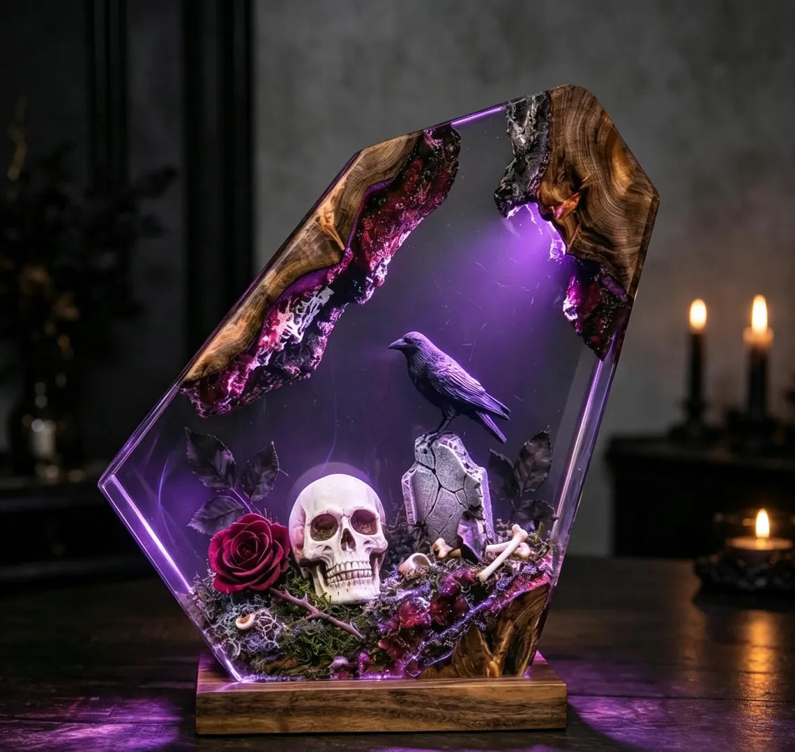 Handmade Skull Raven Rose Epoxy Resin Lamp, Gothic Diorama Night Light, Dark Fantasy Resin Decor, Halloween Spooky Desk Ornament, Goth Gift. RLPETAL08