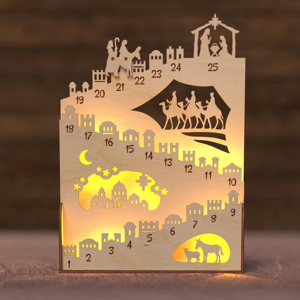 Wooden Nativity Advent Calendar with Warm Light, 25-Day Christmas Countdown Holy Family Decor – ACPETAL04