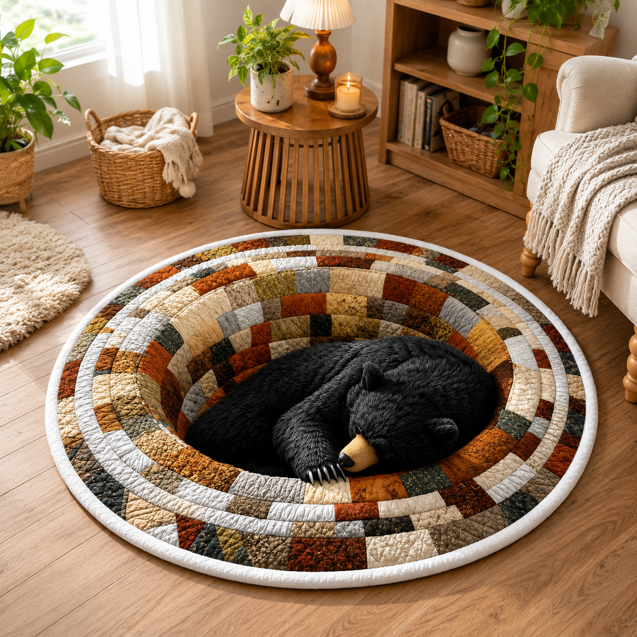3D Sleeping Bear Round Rug, Patchwork Illusion Circular Area Carpet, Cozy Woodland Nursery Mat, Rustic Cabin Home Decor, Washable Floor Rug. QRPETAL12