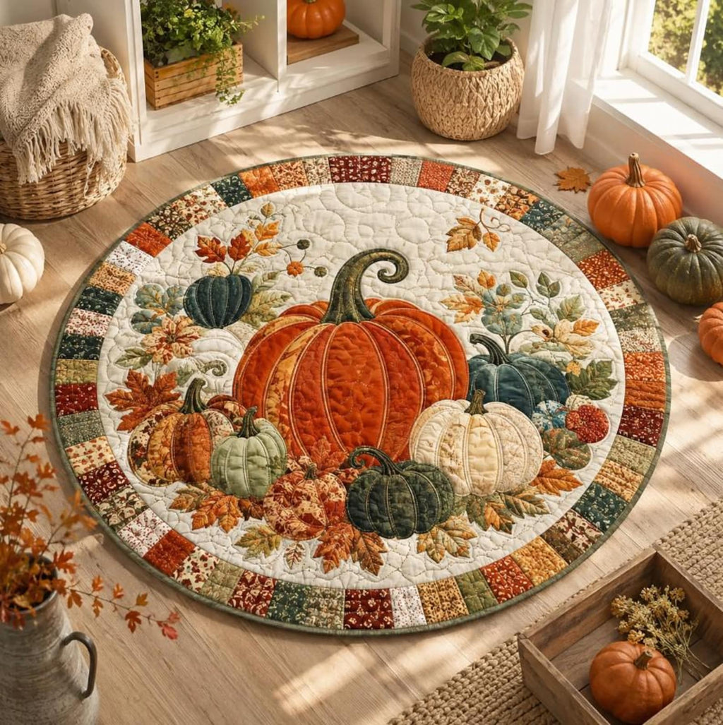 Pumpkin Fall Round Rug, Autumn Quilted Floor Decor, Harvest Area Rug, Thanksgiving Home Decor, Country Pumpkin Rug, Cozy Seasonal Accent. QRPETAL36