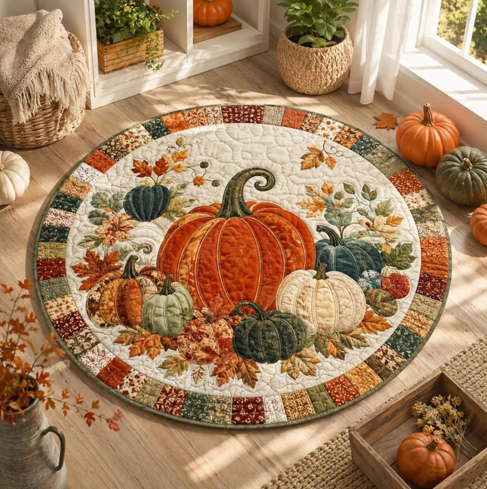 Pumpkin Fall Round Rug, Autumn Quilted Floor Decor, Harvest Area Rug, Thanksgiving Home Decor, Country Pumpkin Rug, Cozy Seasonal Accent. QRPETAL36