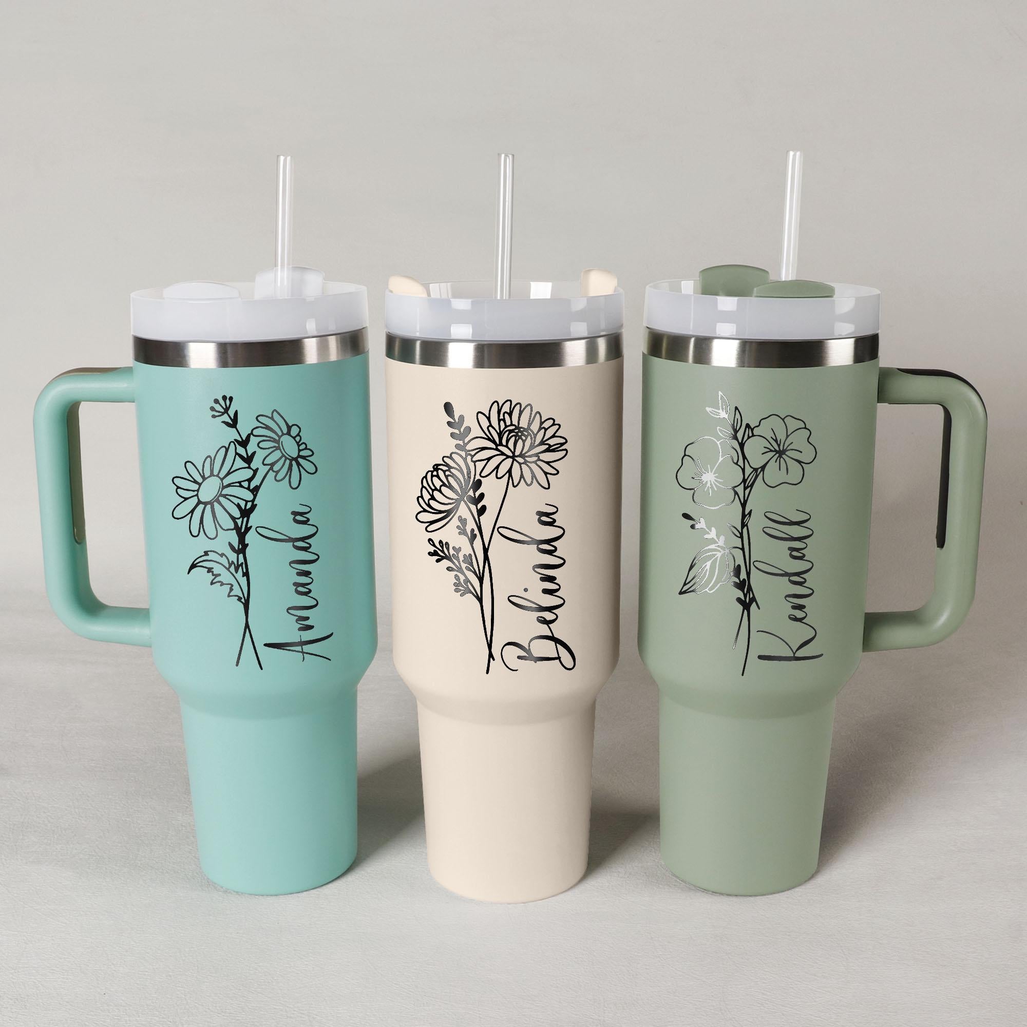 Personalized Birth Flowers 40oz Tumbler With Name, Stainless Steel Tumblers With Straw Handle, Custom Birth Month Flowers Cup, Birthday Gift
