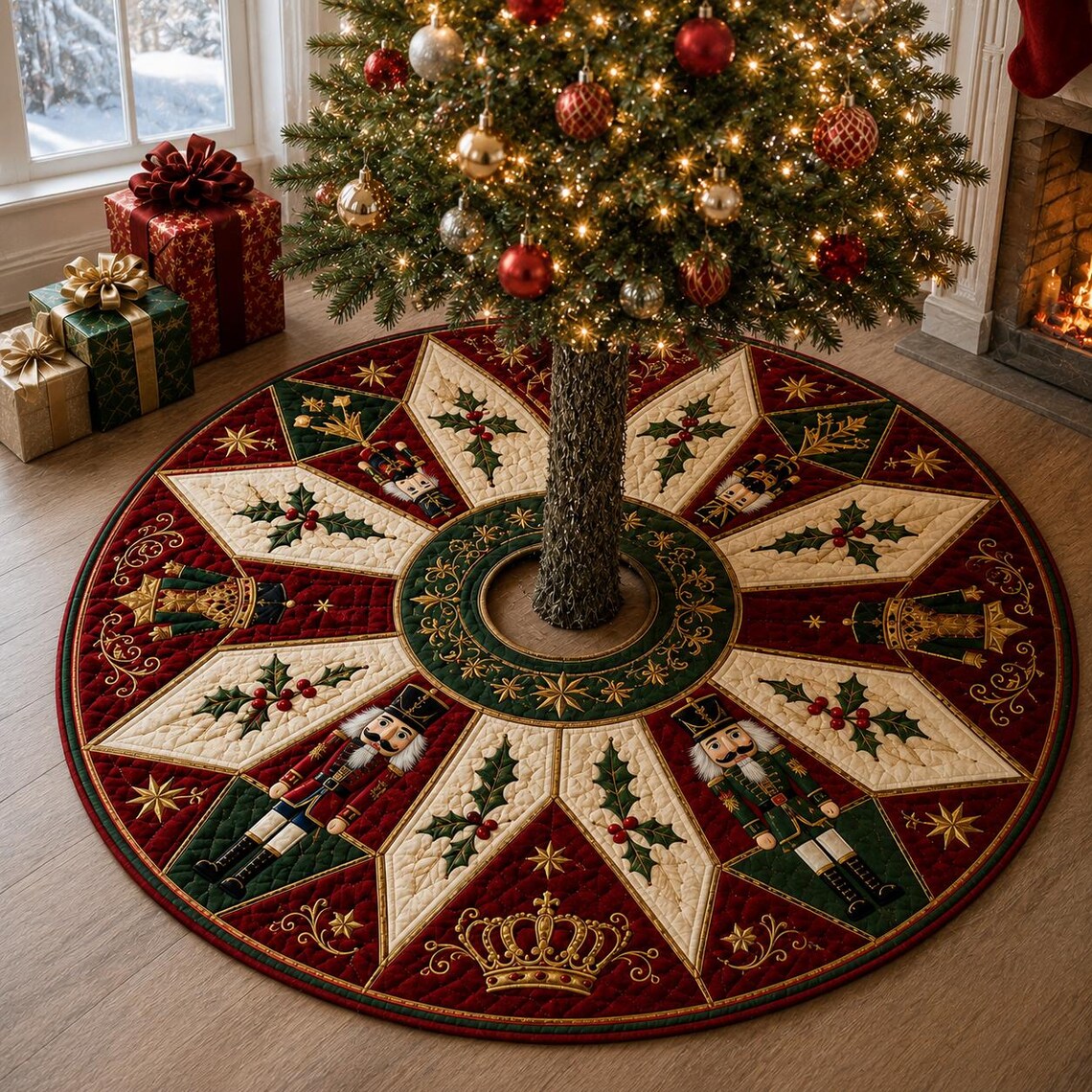 Vintage Nutcracker Quilted Tree Skirt, Retro Patchwork Tree Mat, Holiday Christmas Decor. CTSPETAL11