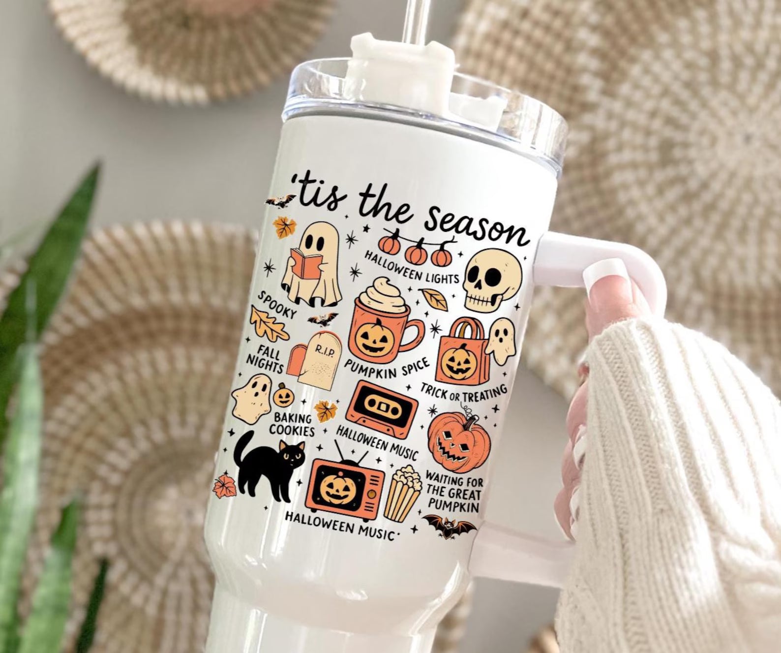 Spooky season 40oz tumbler, halloween 40oz tumbler with handle, pumpkin and skeleton tumbler for halloween, boo basket gift for her. TBLPETAL8