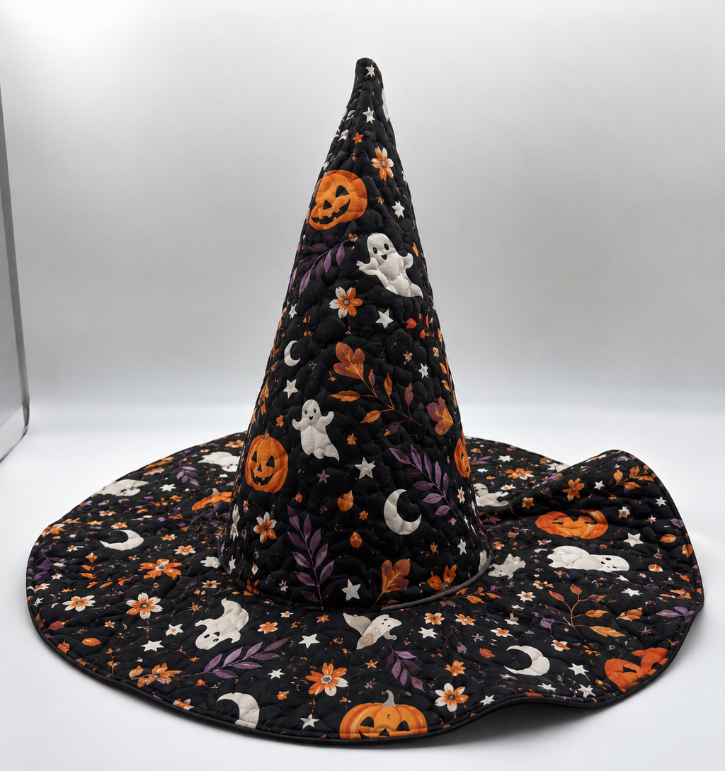 Halloween Quilted Witch Hat for Women – Black Ghost Pumpkin Witch Costume Hat with Soft Padded Quilted Design. QWHPETAL2