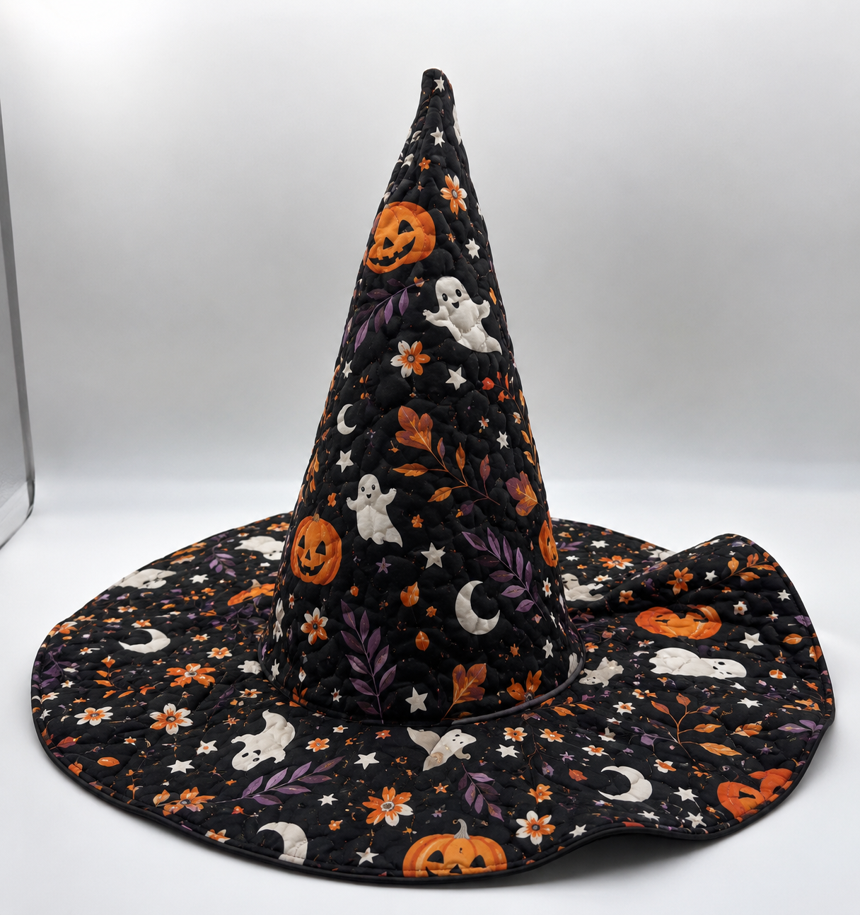 Halloween Quilted Witch Hat for Women – Black Ghost Pumpkin Witch Costume Hat with Soft Padded Quilted Design. QWHPETAL2