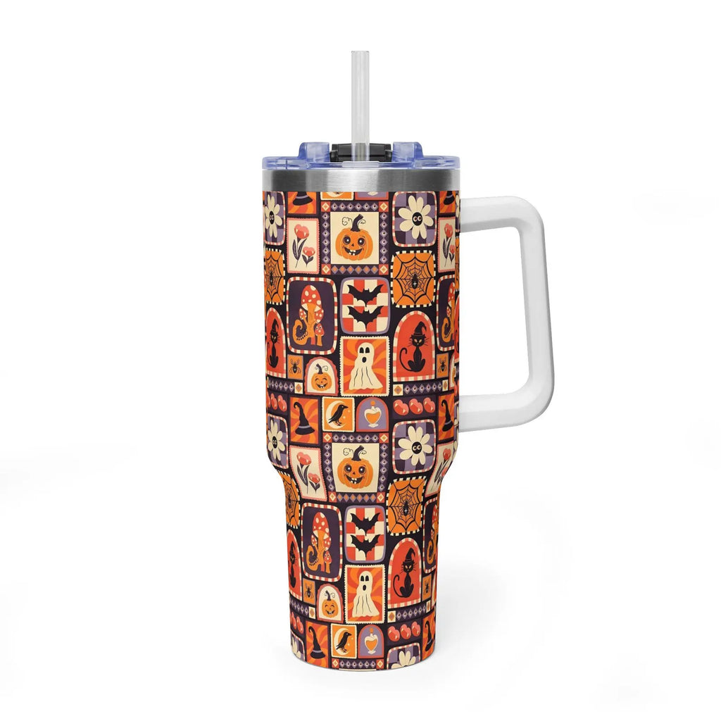 Retro Halloween Patchwork 40oz Tumbler with Handle, Vintage Spooky Ghost Pumpkin Quencher, Cozy Autumn Cat Travel Mug, 40oz tumbler. TBLPETAL11